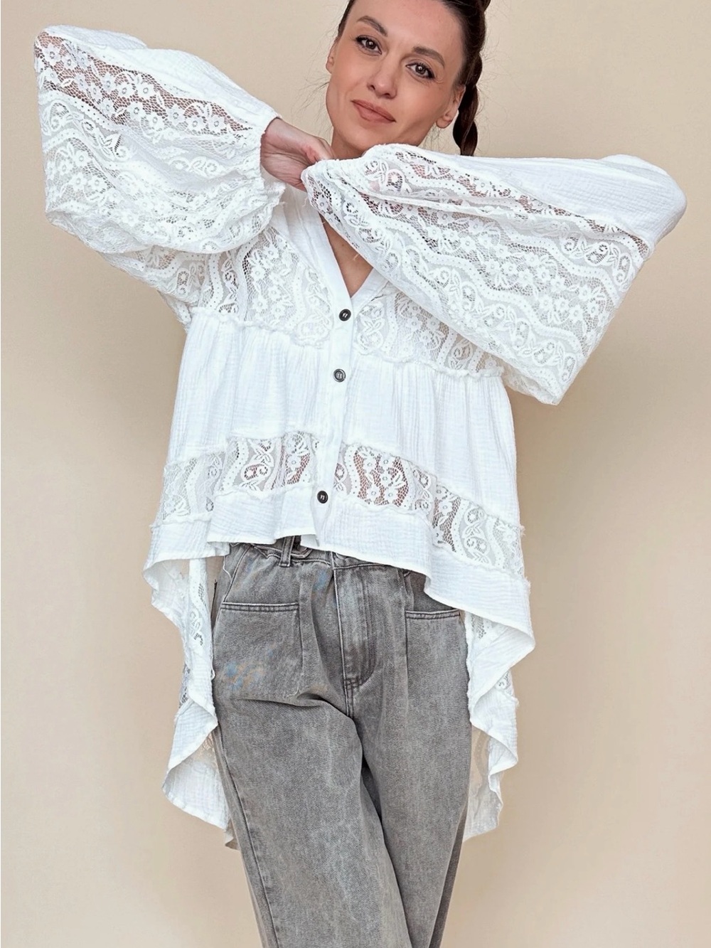 POL Walk In The Clouds White Lace Panel Boho Blouse - Picture 2 of 10